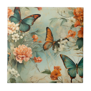Azulejo Jardín floral de mariposas azul verdoso vintage