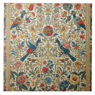 Azulejo Jardín Floral y de Aves Vintage Vibrante