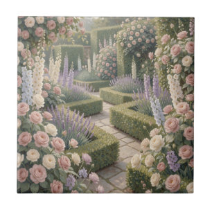 Azulejo Jardín inglés romántico rosas rosadas lavanda pied