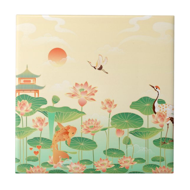 Azulejo Jardín japonés Koi Pond y Waterlilies Art (Frente)