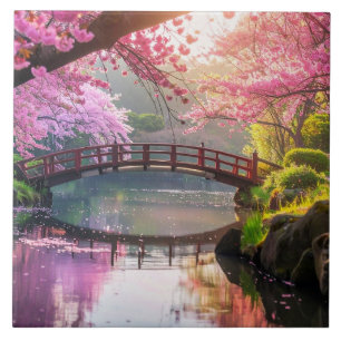 Azulejo Jardín japonés, temporada de floración de cerezos.