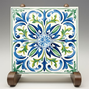 Azulejo Jardín Siciliano Acuarela Azul Verde