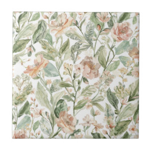 Azulejo Jardín Verde Botánico Flores Hojas Lujuriosas