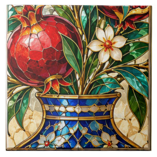 Azulejo Jarrón de granada de vidrio emplomado de Damasco y