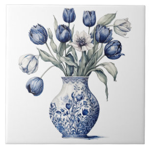 Azulejo Jarrón de tulipanes de porcelana azul vintage con
