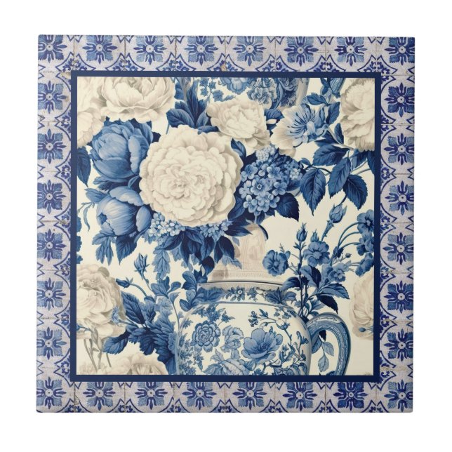 Azulejo Jarrón floral de moda Monograma de tela chinoiseri (Frente)