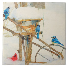 Azulejo Jays and a Cardinal Sharing Winter Breakfast