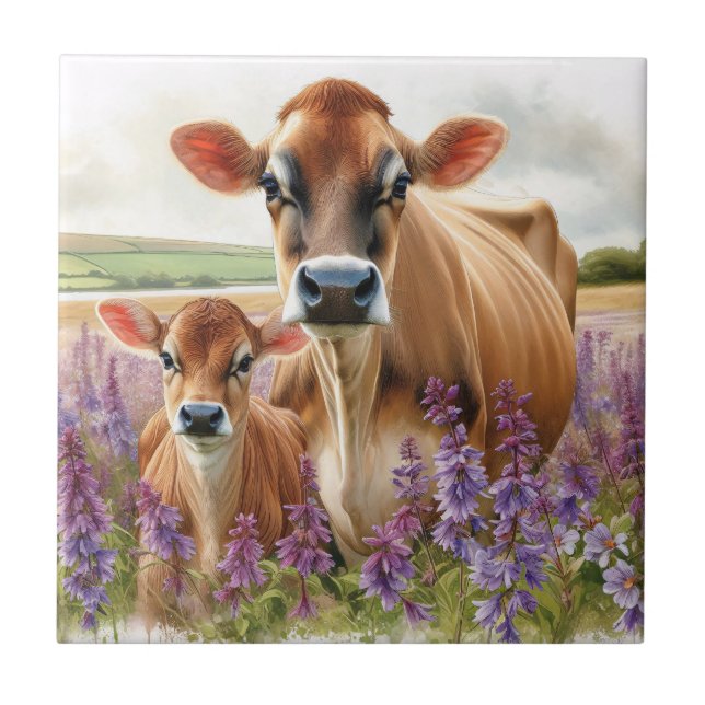 Azulejo Jersey Cow y Calf Wildflower (Frente)