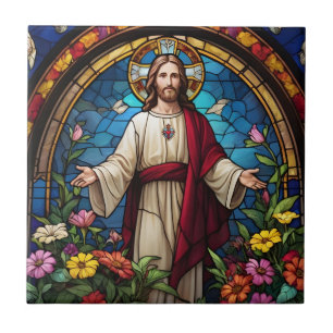 Azulejo Jesucristo Sagrado Corazón Faux Vidrio Manchado