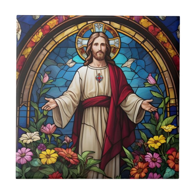 Azulejo Jesucristo Sagrado Corazón Faux Vidrio Manchado (Frente)