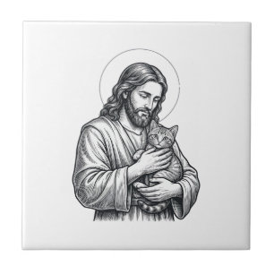 Azulejo Jesús Antiguo Sosteniendo Grabado de Gato Gráfico_