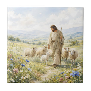 Azulejo Jesús Buen Pastor Acuarela de Flores Silvestres