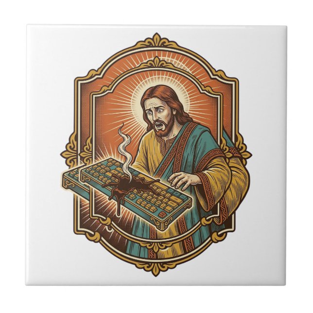 Azulejo Jesús derrame de café teclado mecánico roto tecnol (Frente)
