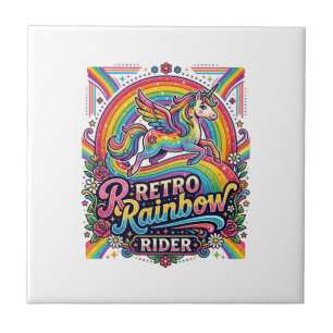 Azulejo Jinete de Arcoíris Retro Unicornio