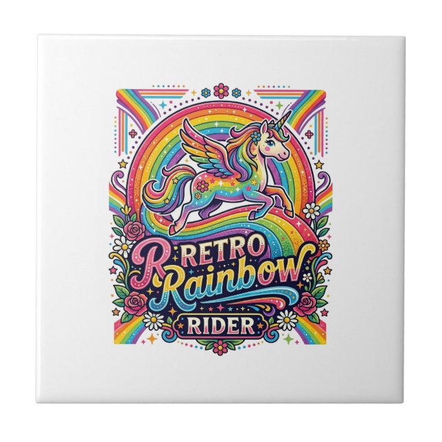 Azulejo Jinete de Arcoíris Retro Unicornio (Frente)