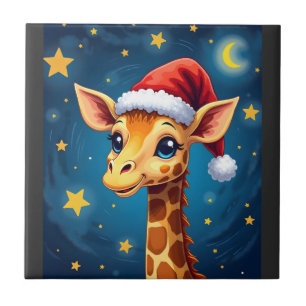 Azulejo Jirafa de Navidad Sombrero de Santa Noche Estrella