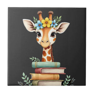 Azulejo Jirafa Linda Con Libro Floral Devoradora De Libros