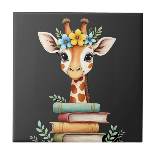 Azulejo Jirafa Linda Con Libro Floral Devoradora De Libros (Frente)