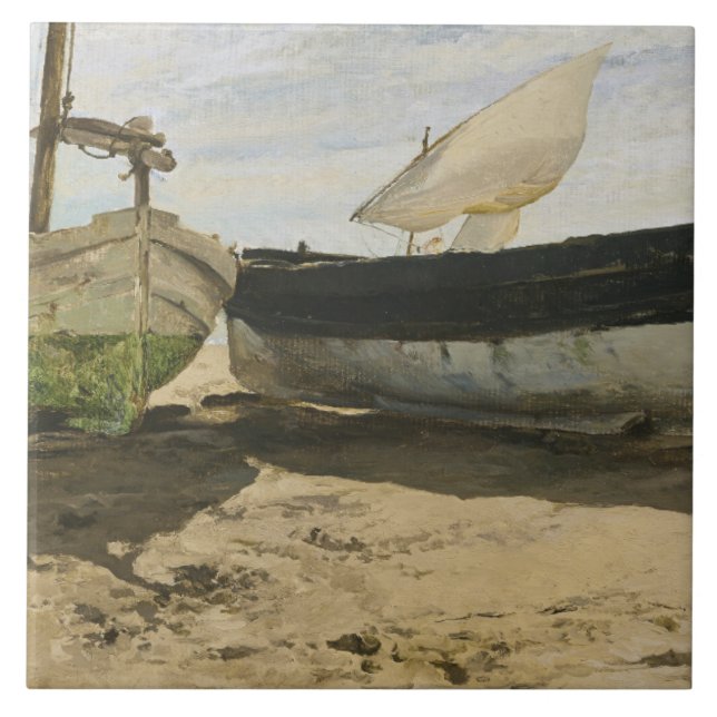 Azulejo Joaquin Sorolla - Barcos pesqueros en la playa (Frente)