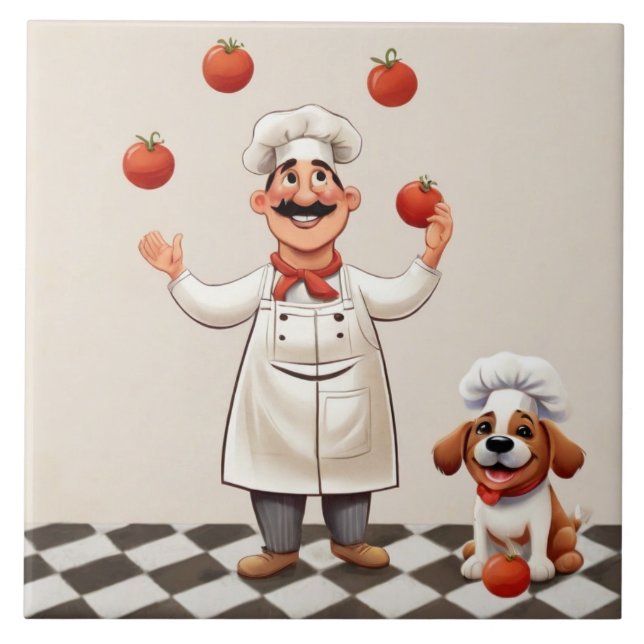 Azulejo Jolly Chef: French Cook Juggling Tomatoes with dog (Frente)