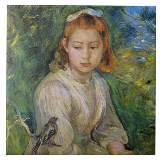 Azulejo Joven Chica con pájaro (por Berthe Morisot) (Frente)