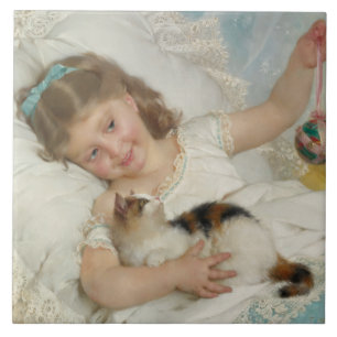 Azulejo Joven dulce niña jugando con su gato mascota (Muni