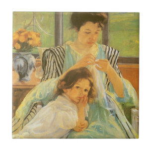 Azulejo Joven Madre Cosendo de Mary Cassatt, Arte Antiguo
