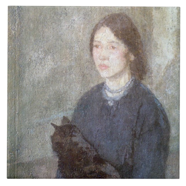 Azulejo Joven sosteniendo un gato negro (de Gwen John) (Frente)
