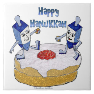 Azulejo Judaica Feliz Janucá Dreidels Bailando Donut