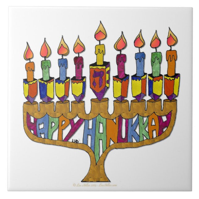Azulejo Judaica Happy Hanukkah Dreidel Menorah (Frente)