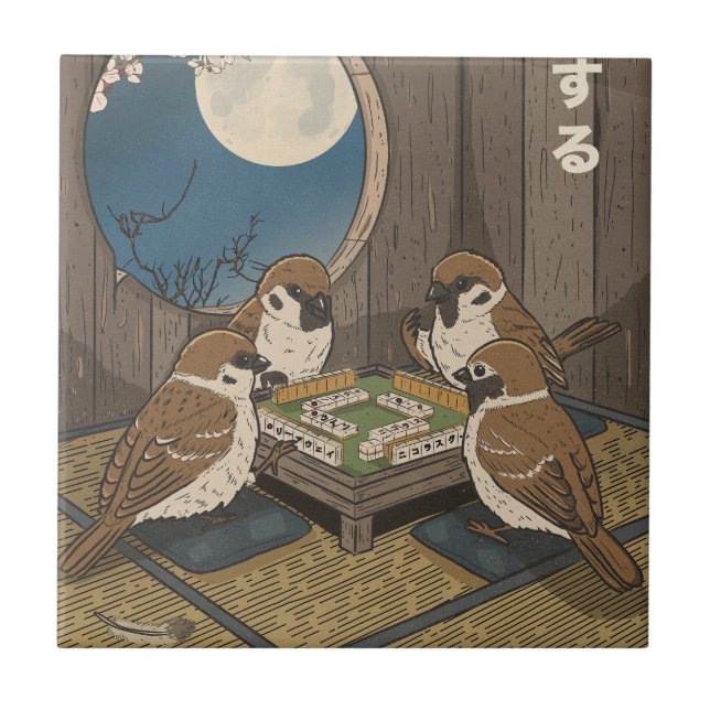 Azulejo Juego de pájaros jugando Mahjong  (Frente)