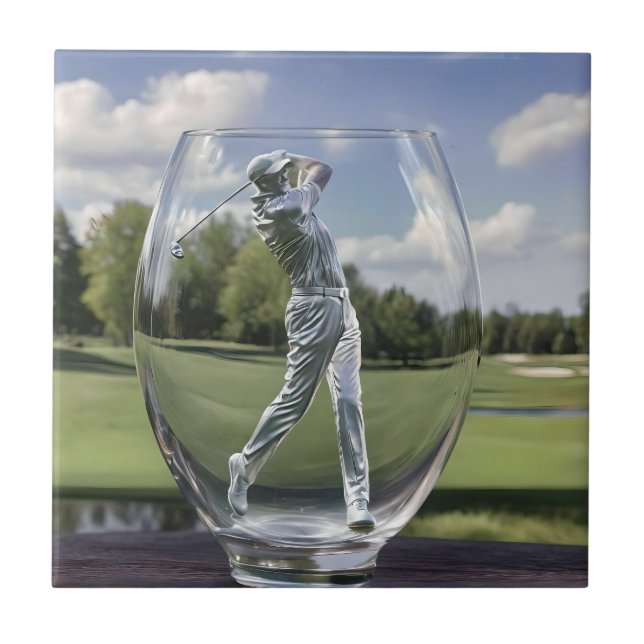 Azulejo Jugador de Golf en un Vaso con Campo de Golf,  (Frente)