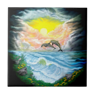 Azulejo Jugando a los delfines al sol