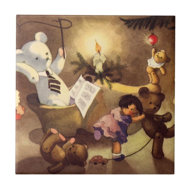 Azulejo Juguetes de Navidad vintage, muñecas bailando, oso (Frente)