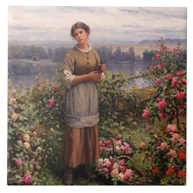 Azulejo Julia reuniendo Rosas (hermosa Chica y flores) (Frente)