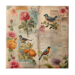 Azulejo Junk Journal Seite mit Blumen + Vögel - 