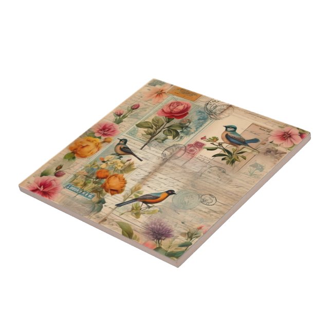 Azulejo Junk Journal Seite mit Blumen + Vögel -  (Lado)