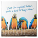 Azulejo "Juntos Brillamos"<br><div class="desc">"Cuatro magníficas guacamayas azul y dorado se posan una al lado de la otra, audaces, brillantes y hermosamente juntas. Coronado con la cita sincera 'Incluso la pluma más brillante necesita una bandada para brillar de verdad', este diseño celebra el vínculo inquebrantable de la familia de la manera más vívida y...</div>