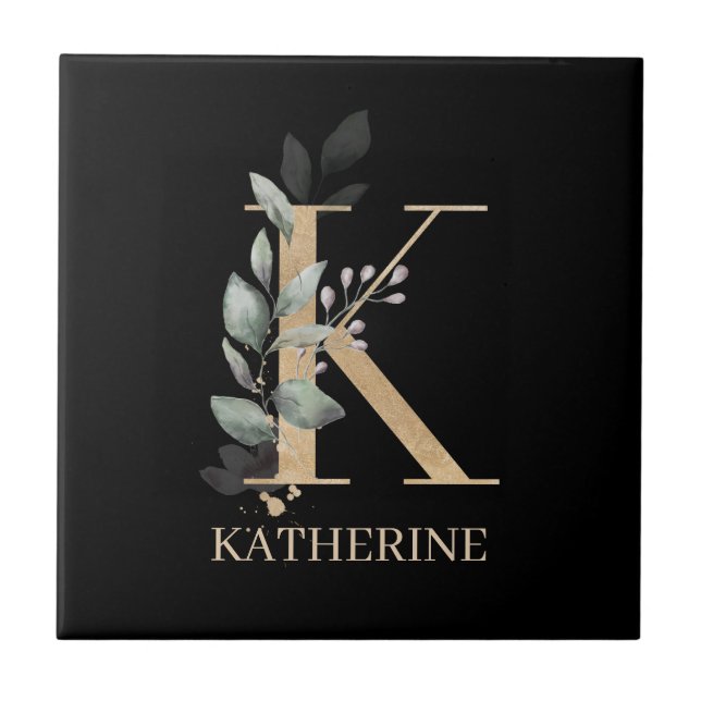 Azulejo K Monograma Floral Tile Cerámico Personalizado (Frente)