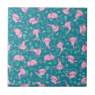 Azulejo Kawaii Axolotl en mosaico de cerámica oceánica