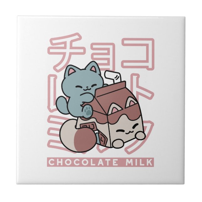 Azulejo Kawaii Cat with Chocolate Milk – Japanese Pop Art  (Frente)