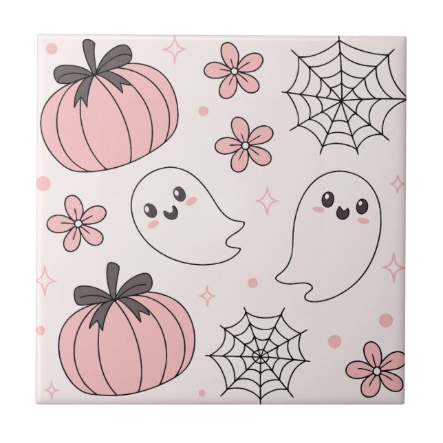 Azulejo Kawaii Fantasma y Calabazas de Halloween Rosa (Frente)