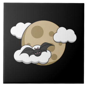 Azulejo Kawaii Feliz Bat volando a plena Luna