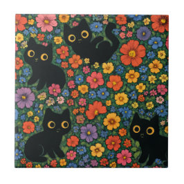 Azulejo Kawaii Garden Art | Cute Black Cat Floral Pattern