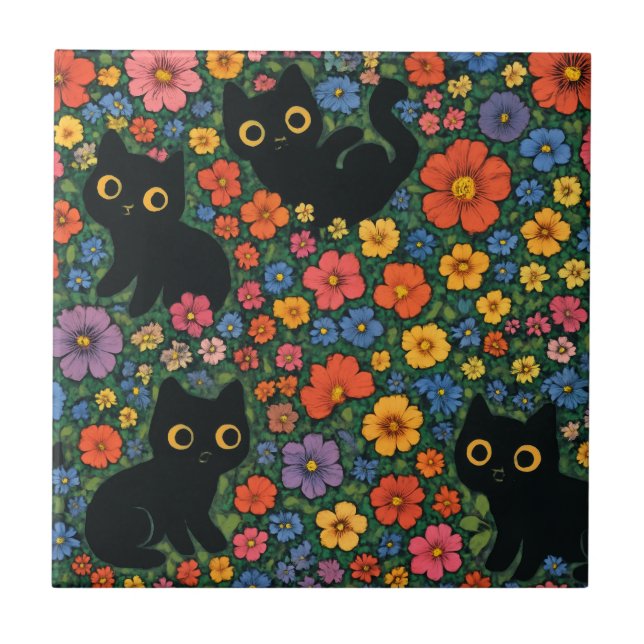 Azulejo Kawaii Garden Art | Cute Black Cat Floral Pattern (Frente)