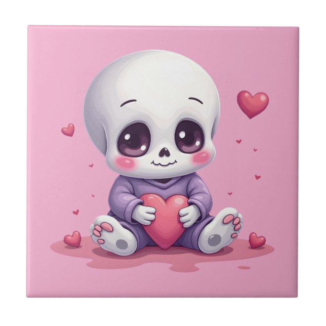 Azulejo Kawaii Skeleton Holding Heart (Frente)