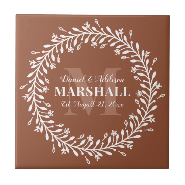 Azulejo Keepsake Naranja de la pareja recién casada Wreath (Frente)