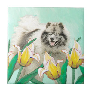 Azulejo Keeshond en tulipanes pintando arte original del p