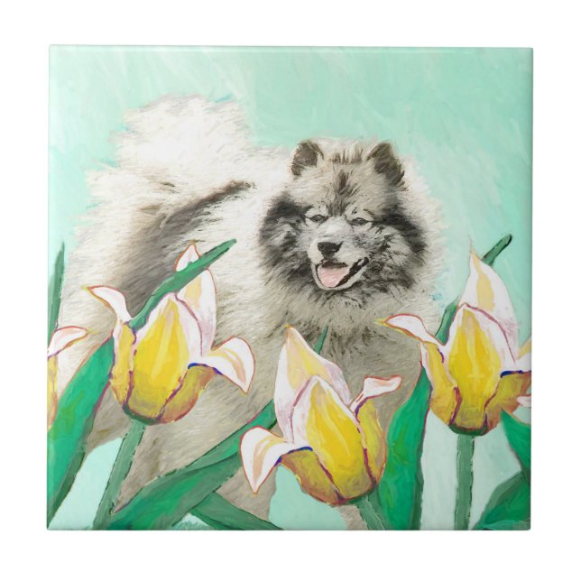 Azulejo Keeshond en tulipanes pintando arte original del p (Frente)