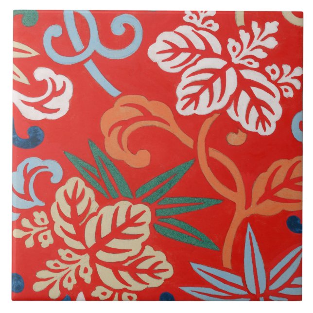 Azulejo Kimono japonés rojo hawaiano: Floral vintage (Frente)